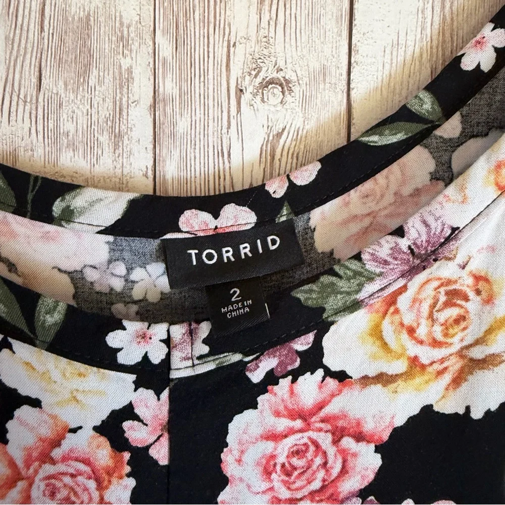 Torrid Black Floral Challis Trapeze Dress Pockets - Picture 4 of 8